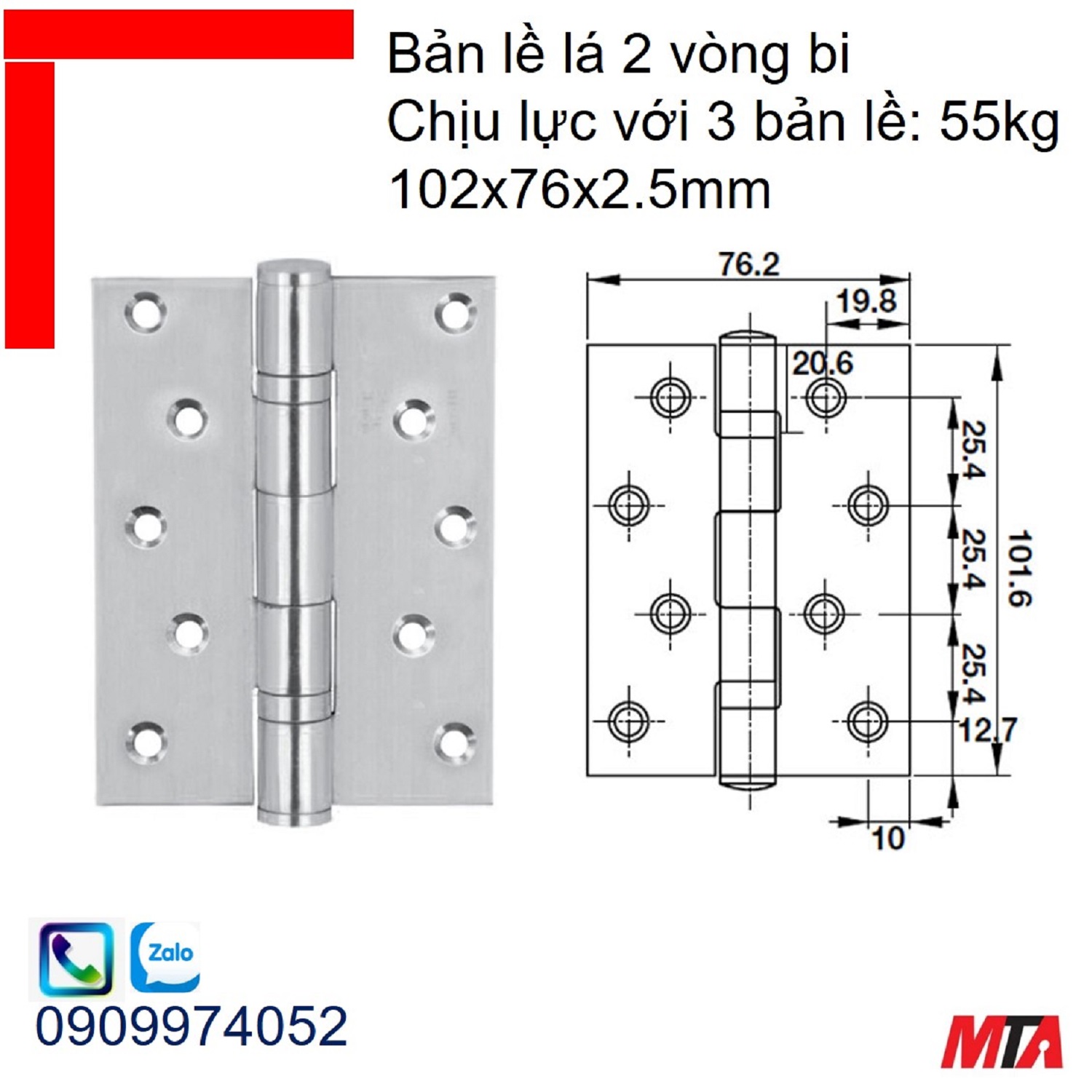 Bản lề cửa Hafele 921.17.142 2 vòng bi kích thước 102x76x2.5mm inox mờ