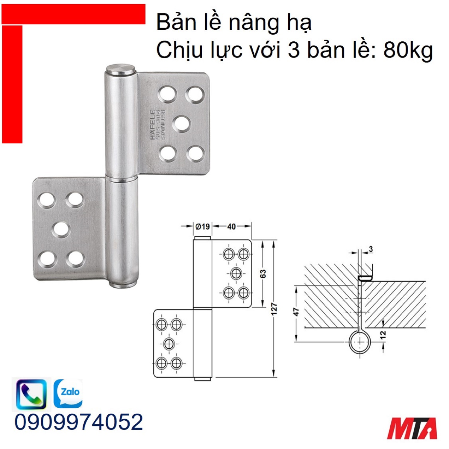 Bản lề cửa Hafele 926.13.903 nâng hạ chịu lực với 3 bản lề 80kg inox mờ