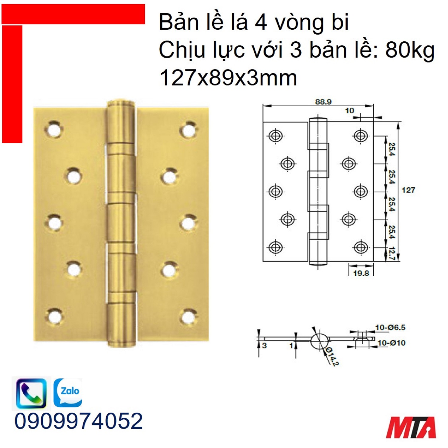 Bản lề cửa Hafele 926.25.208 4 vòng bi kích thước 127x89x3mm đồng bóng