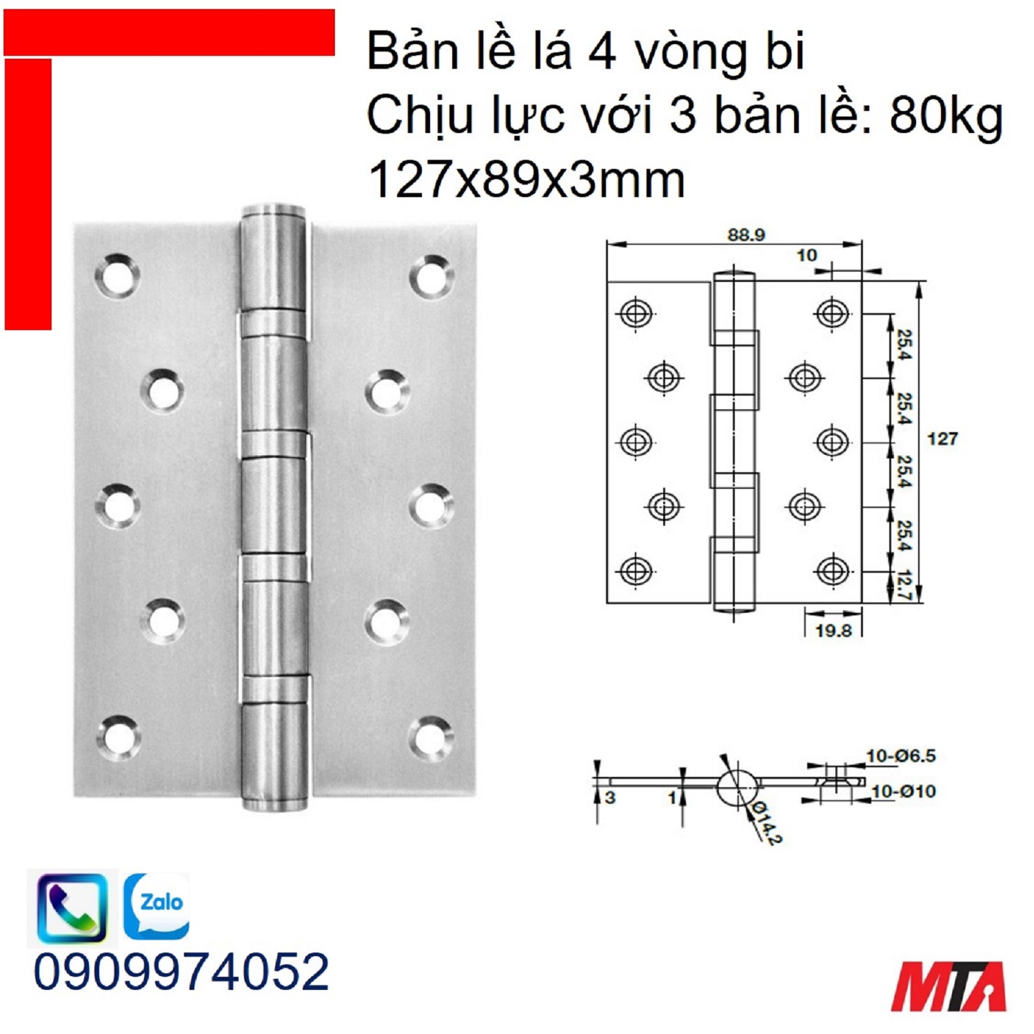 Bản lề cửa Hafele 926.25.505 4 vòng bi kích thước 127x89x3mm inox mờ