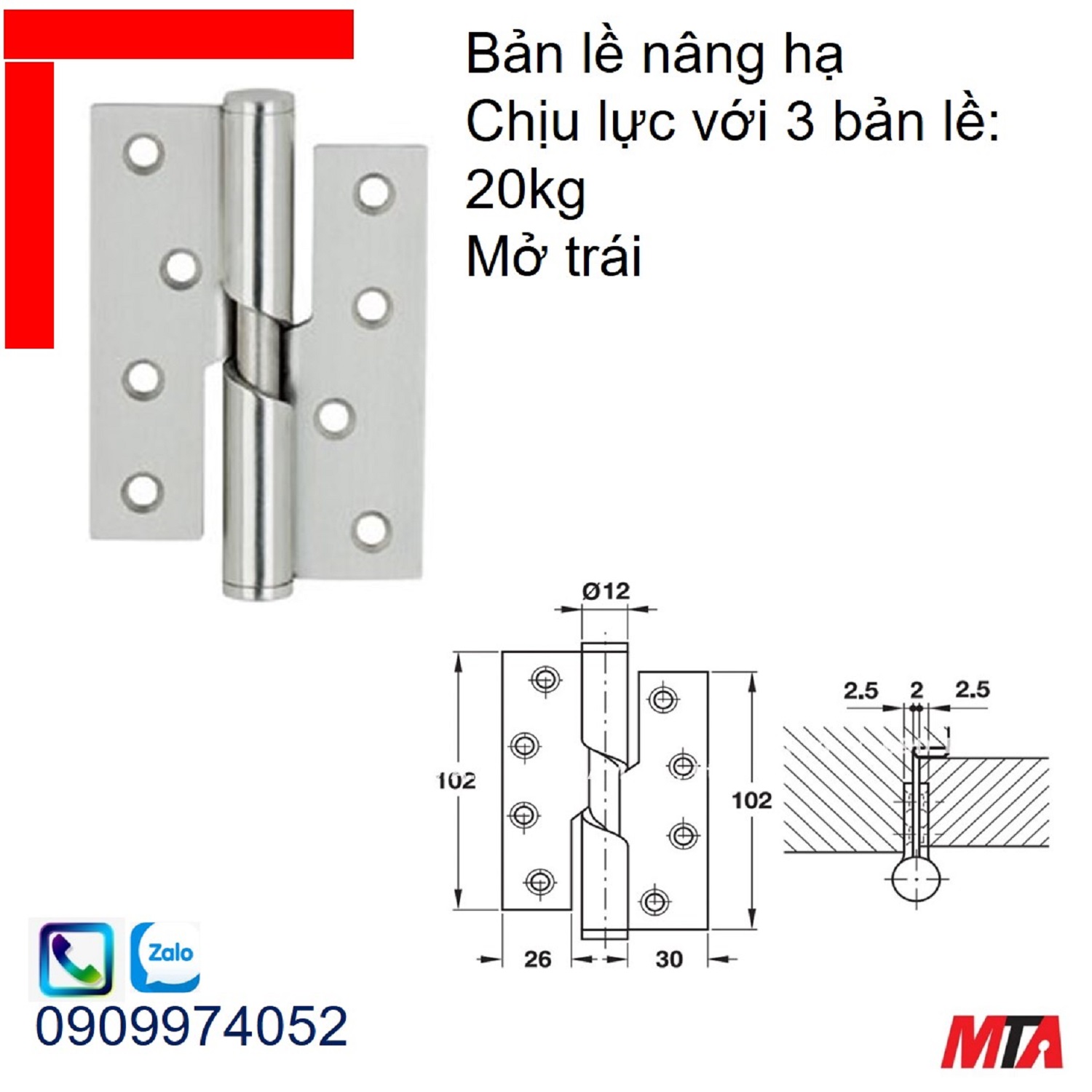 Bản lề cửa Hafele 926.27.503 nâng hạ chịu lực với 3 bản lề 20kg mở trái inox mờ