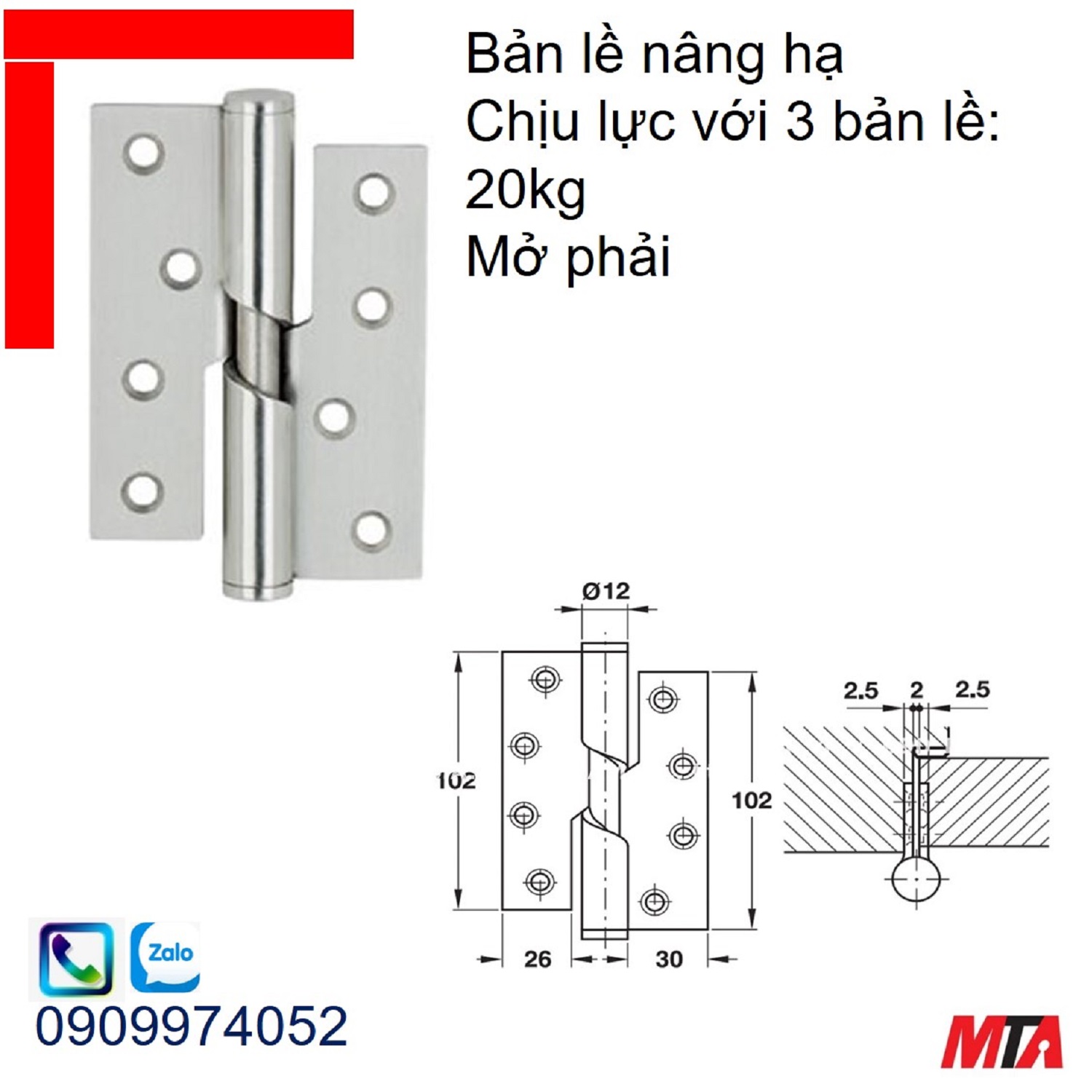 Bản lề cửa Hafele 926.27.603 nâng hạ chịu lực với 3 bản lề 20kg mở phải inox mờ