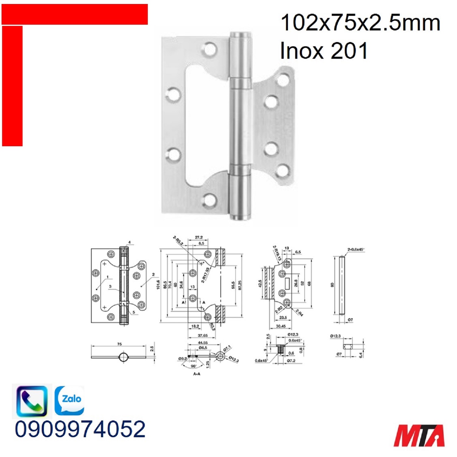 Bản lề âm dương Bauma Hafele 926.20.354 KT 102x75x2.5mm inox mờ 201