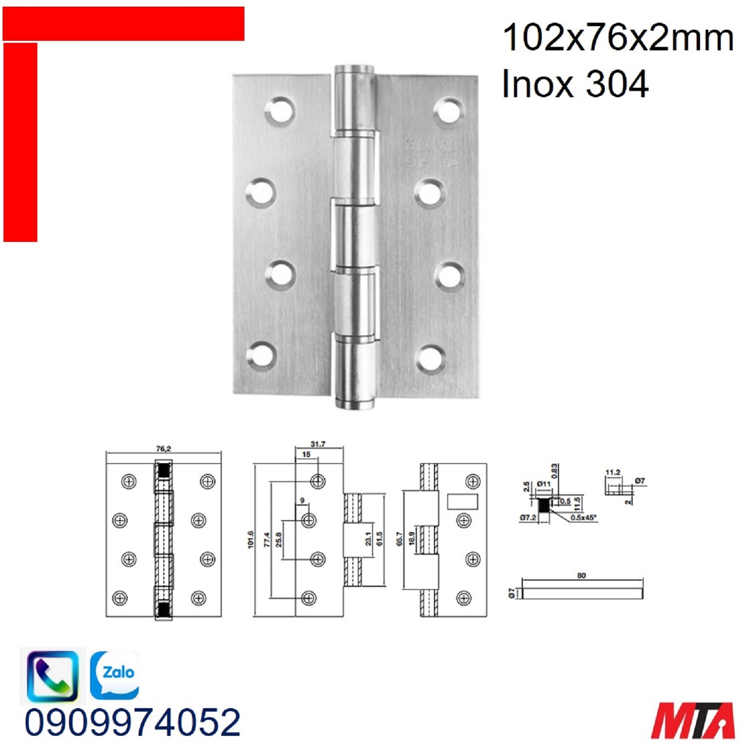 Bản lề cửa Bauma Hafele 926.20.343 KT 102x76x2mm inox mờ 304