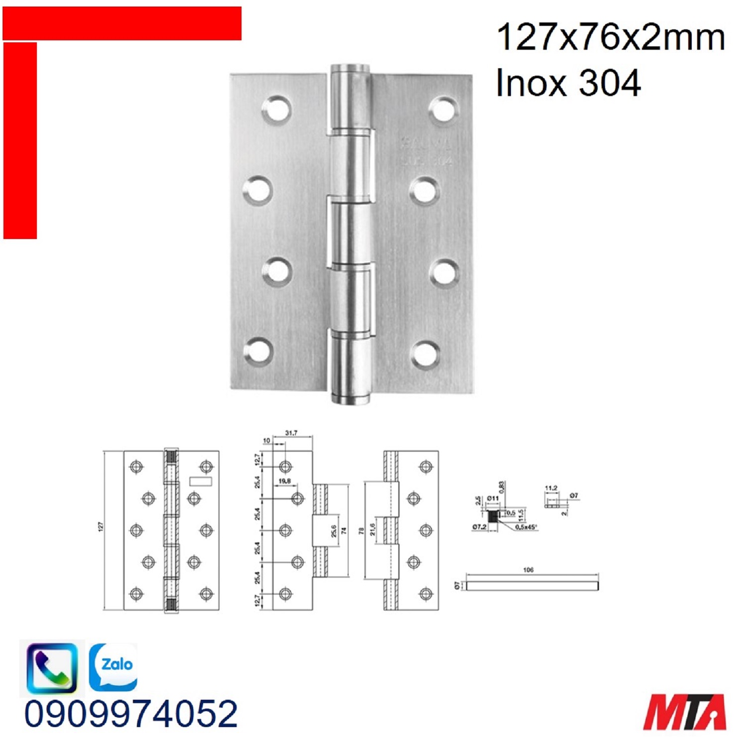 Bản lề cửa Bauma Hafele 926.20.344 KT 127x76x2mm inox mờ 304