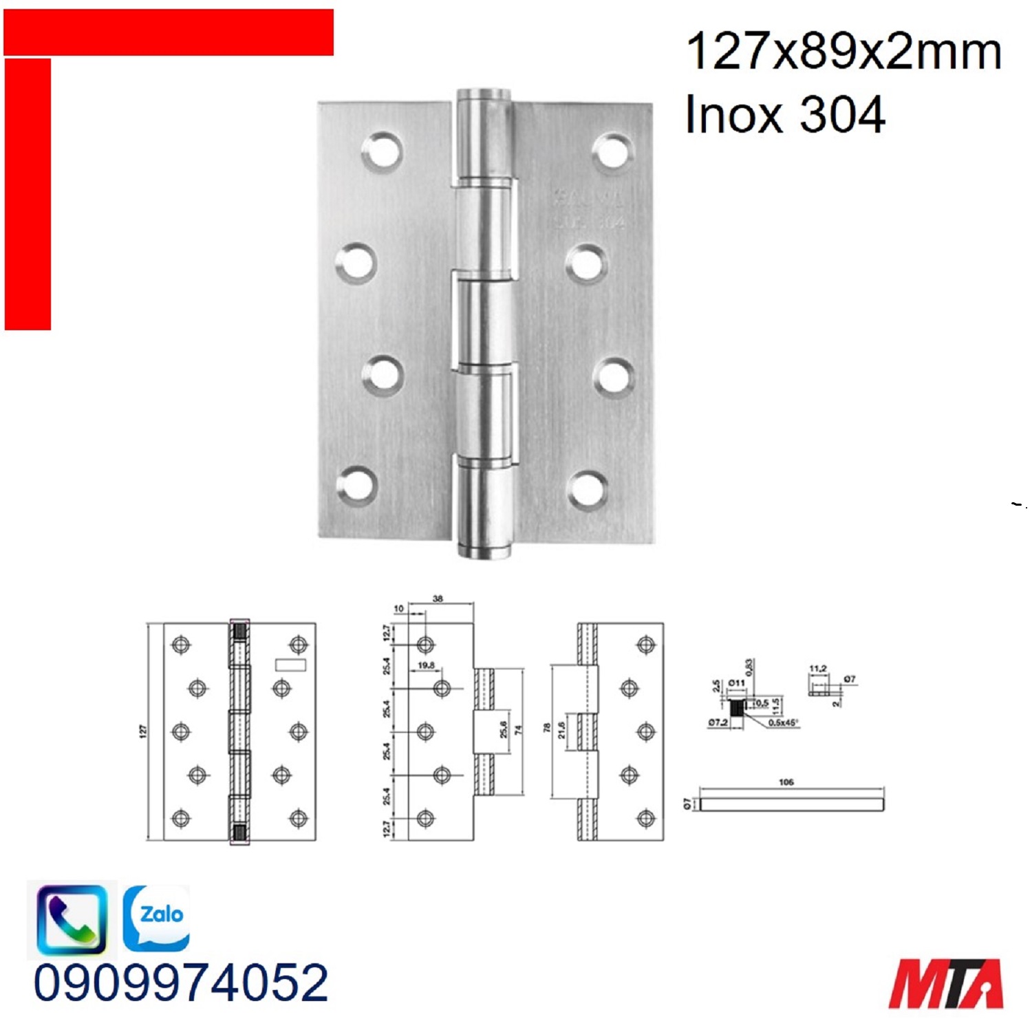 Bản lề cửa Bauma Hafele 926.20.345 KT 127x89x2mm inox mờ 304