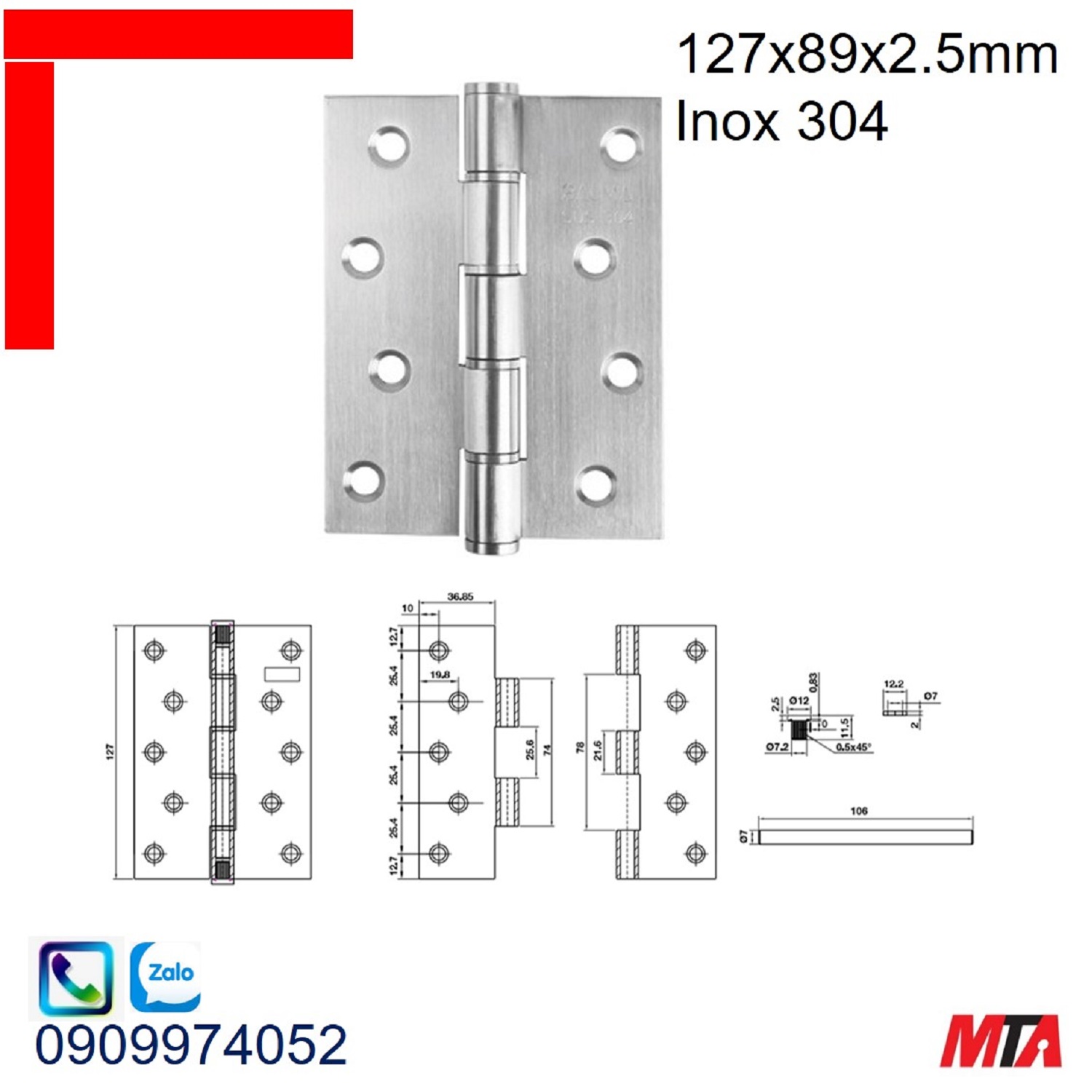 Bản lề cửa Bauma Hafele 926.20.348 KT 127x89x2.5mm inox mờ 304