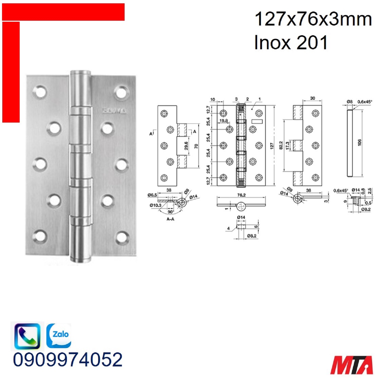 Bản lề cửa Bauma Hafele 926.20.352 KT 127x76x3mm inox mờ 201