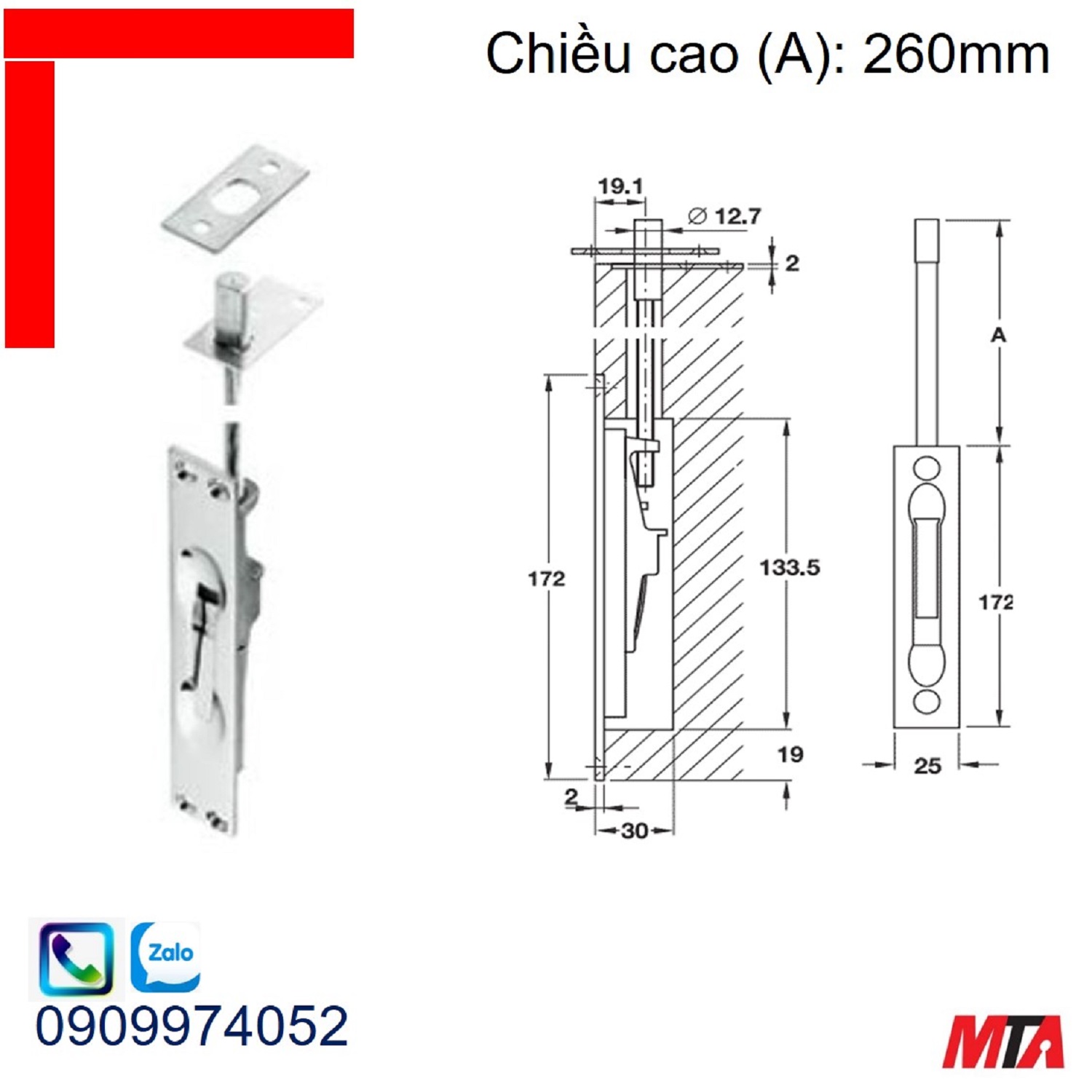 Chốt âm Hafele 911.62.356 chiều cao 172mm chrome mờ