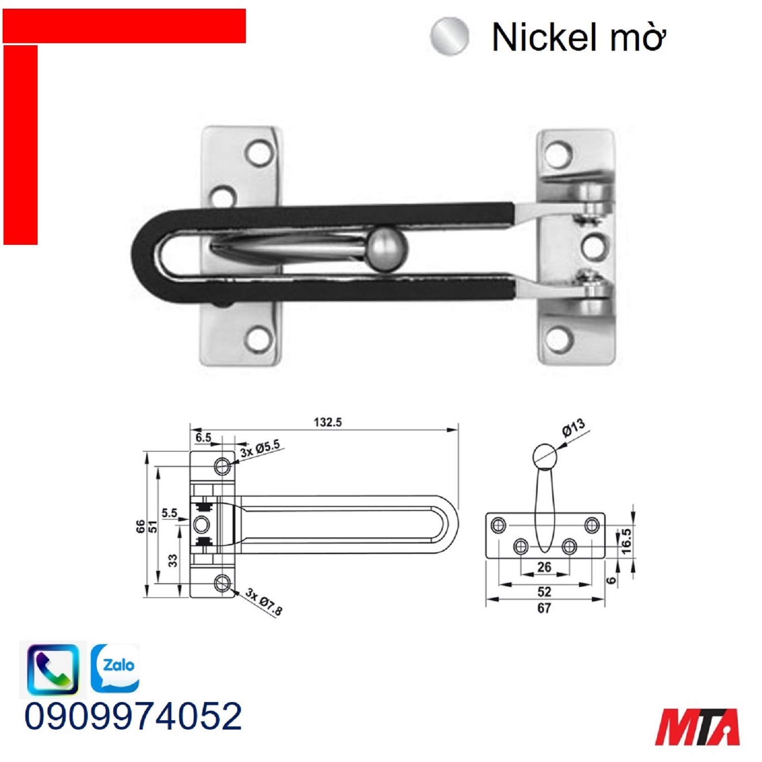 Chốt cửa an toàn Hafele 911.59.046 dạng gài nickel mờ