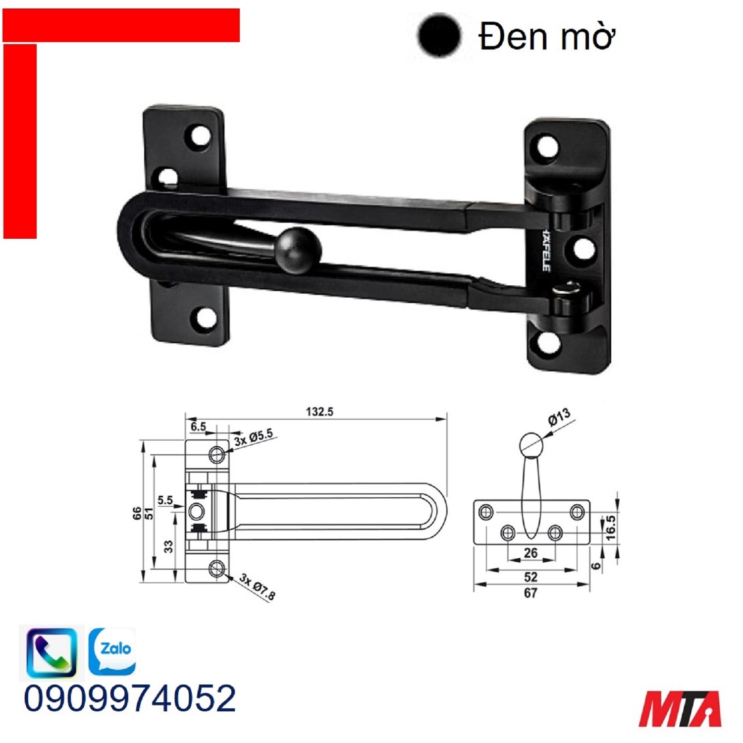 Chốt cửa an toàn Hafele 911.59.059 dạng gài đen mờ