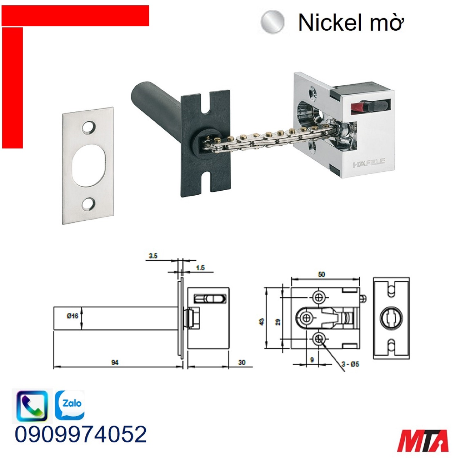 Chốt cửa an toàn Hafele 911.59.425 dạng xích nickel mờ