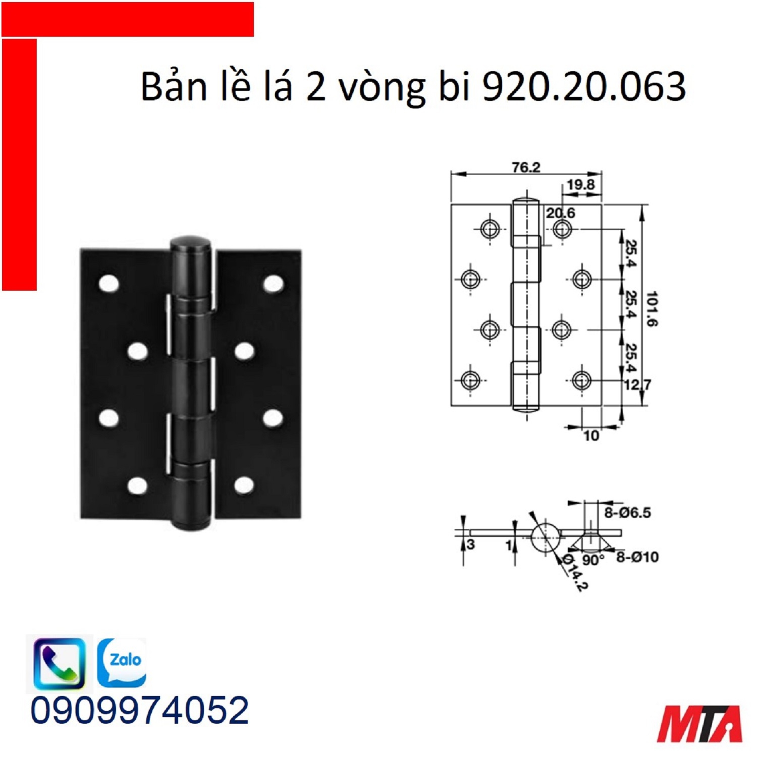 Bản lề cửa hafele 926.83.063 kích thước 102x76x3mm với 2 vòng bi