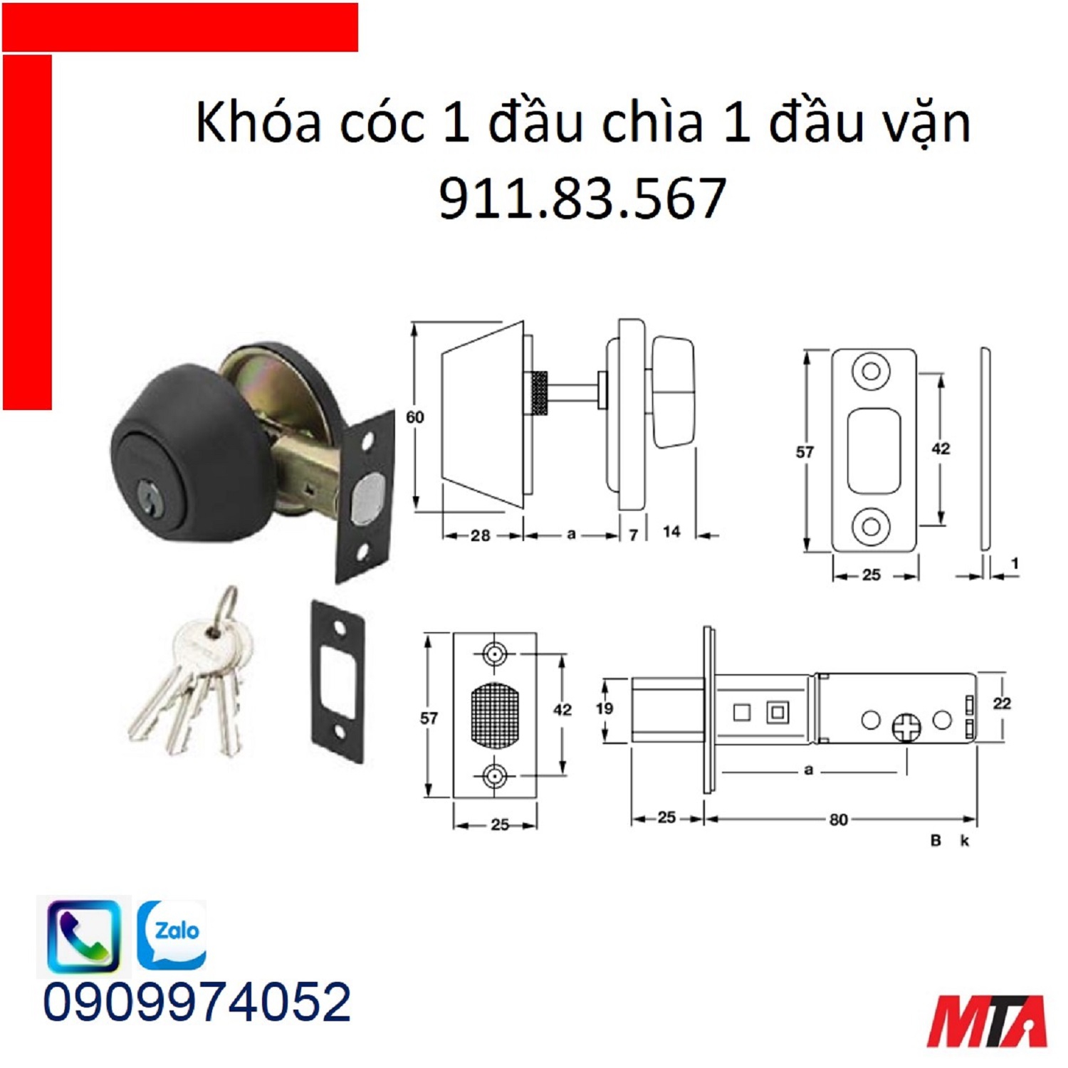 Khóa cóc hafele 911.83.567 1 đầu chốt 1 đầu chìa