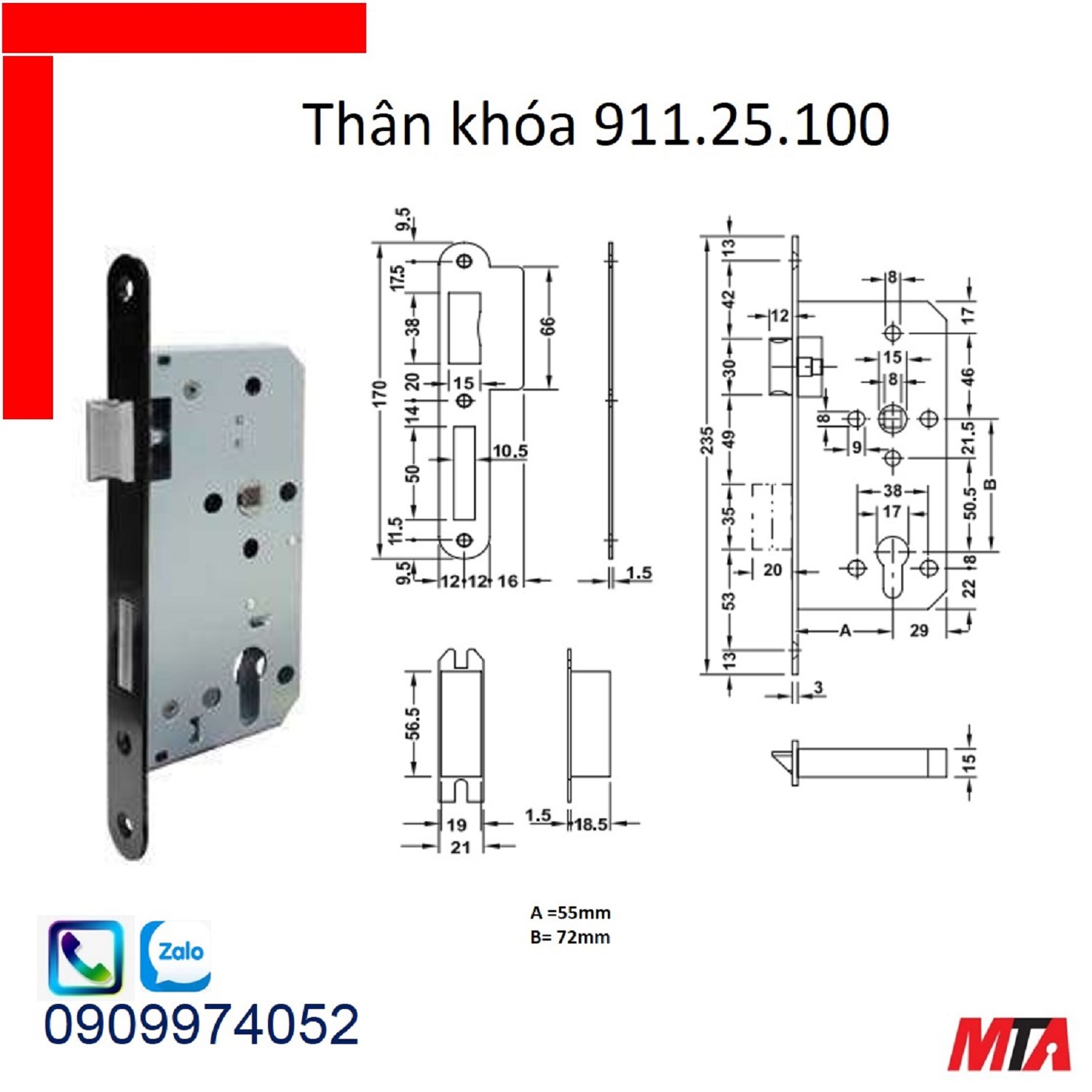 Khóa hafele thân khóa 911.25.100 mạ đen CtoC 72mm, Backset 72mm