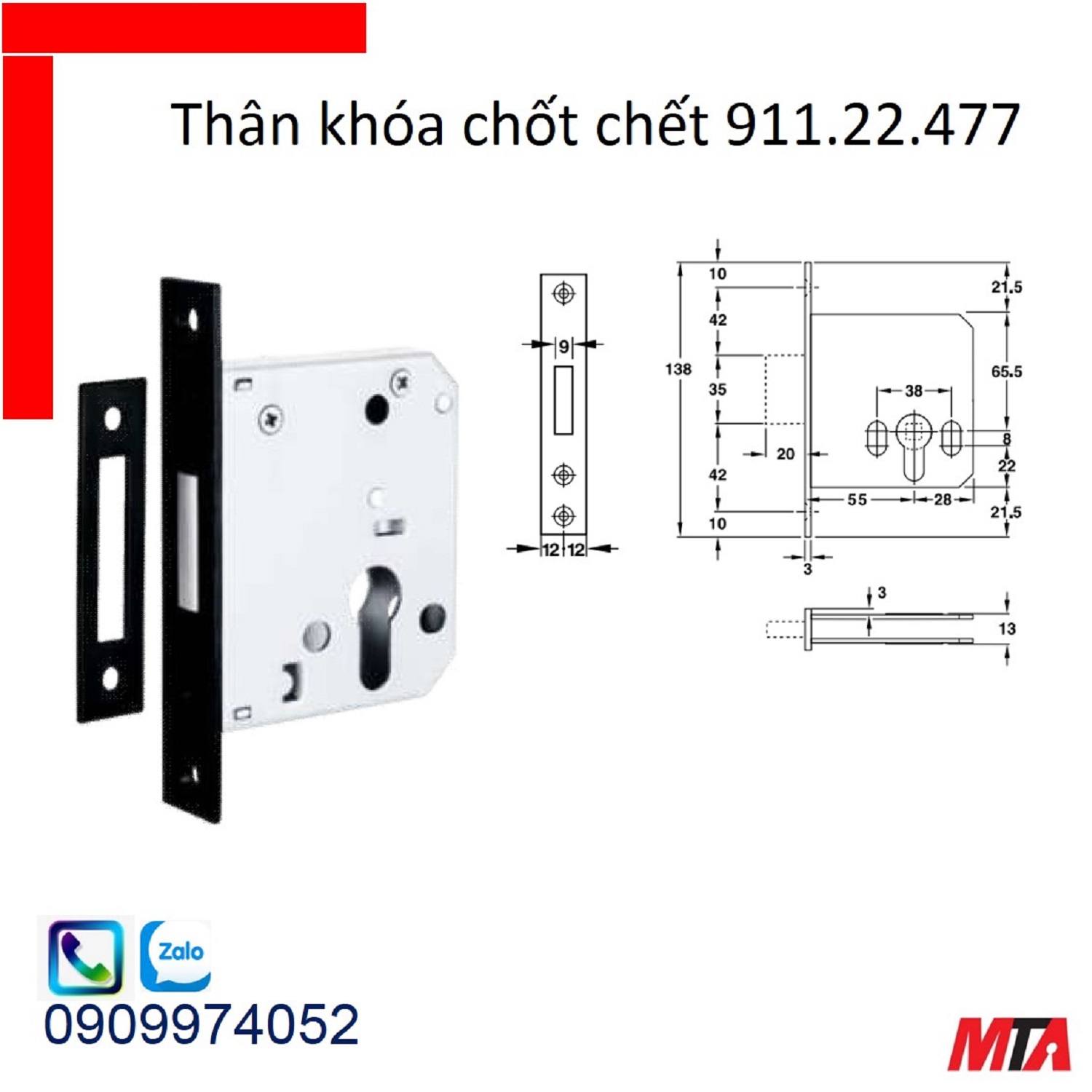 Khóa hafele thân khóa 911.22.447 mạ đen,  Backset 55mm