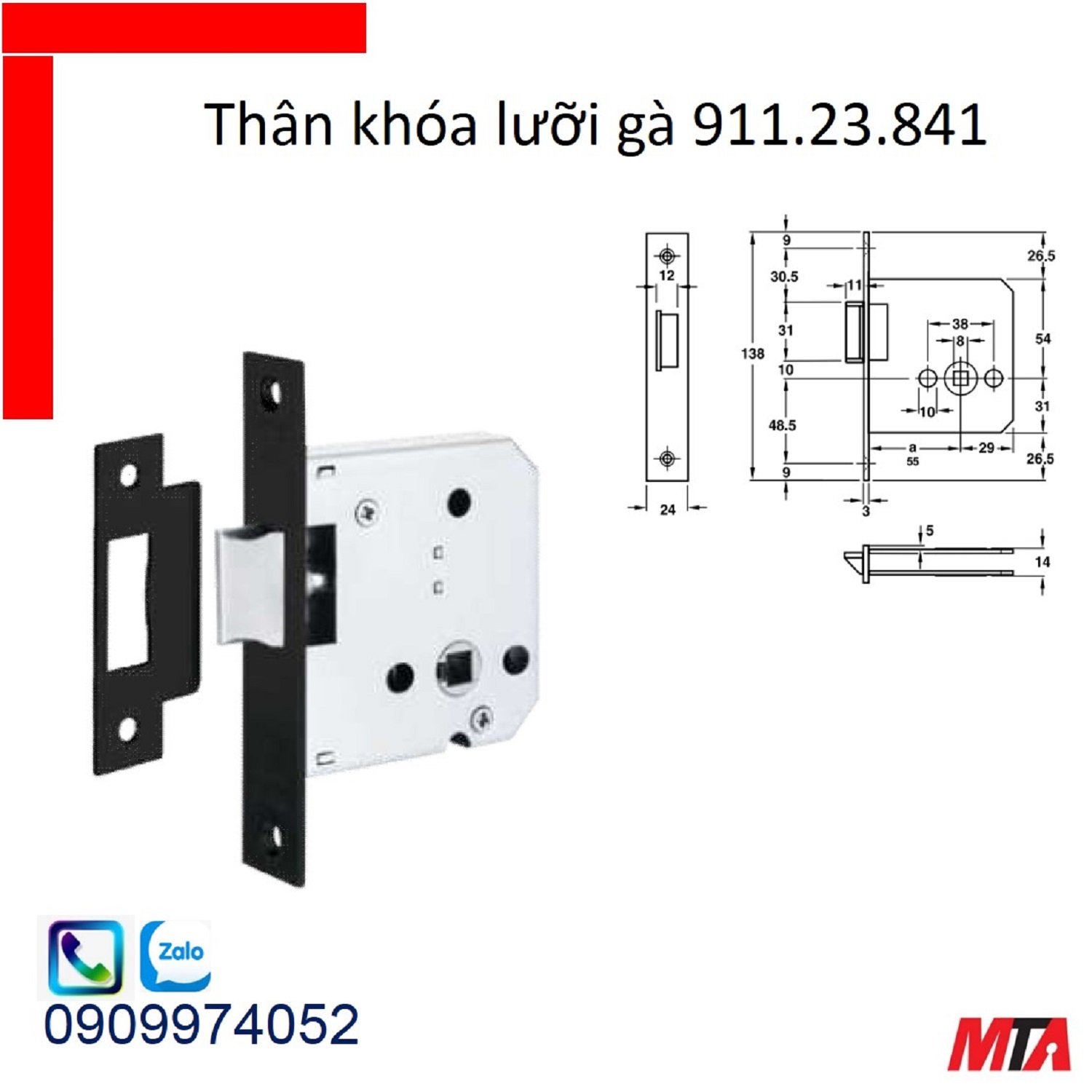 Khóa hafele thân khóa 911.23.841 mạ đen, Backset 55mm