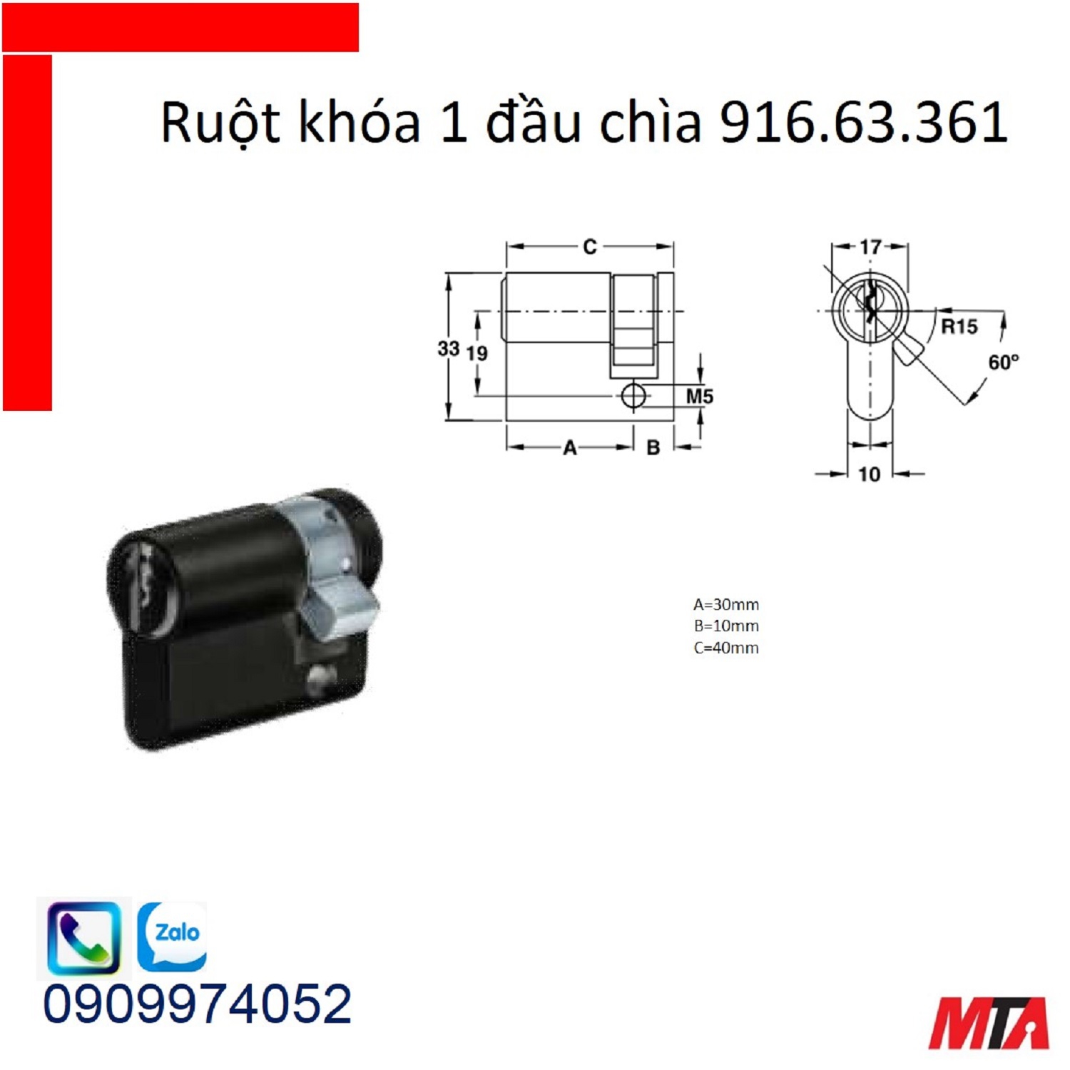 Khóa hafele ruột khóa 916.63.361 1 đầu chìa dài 40mm