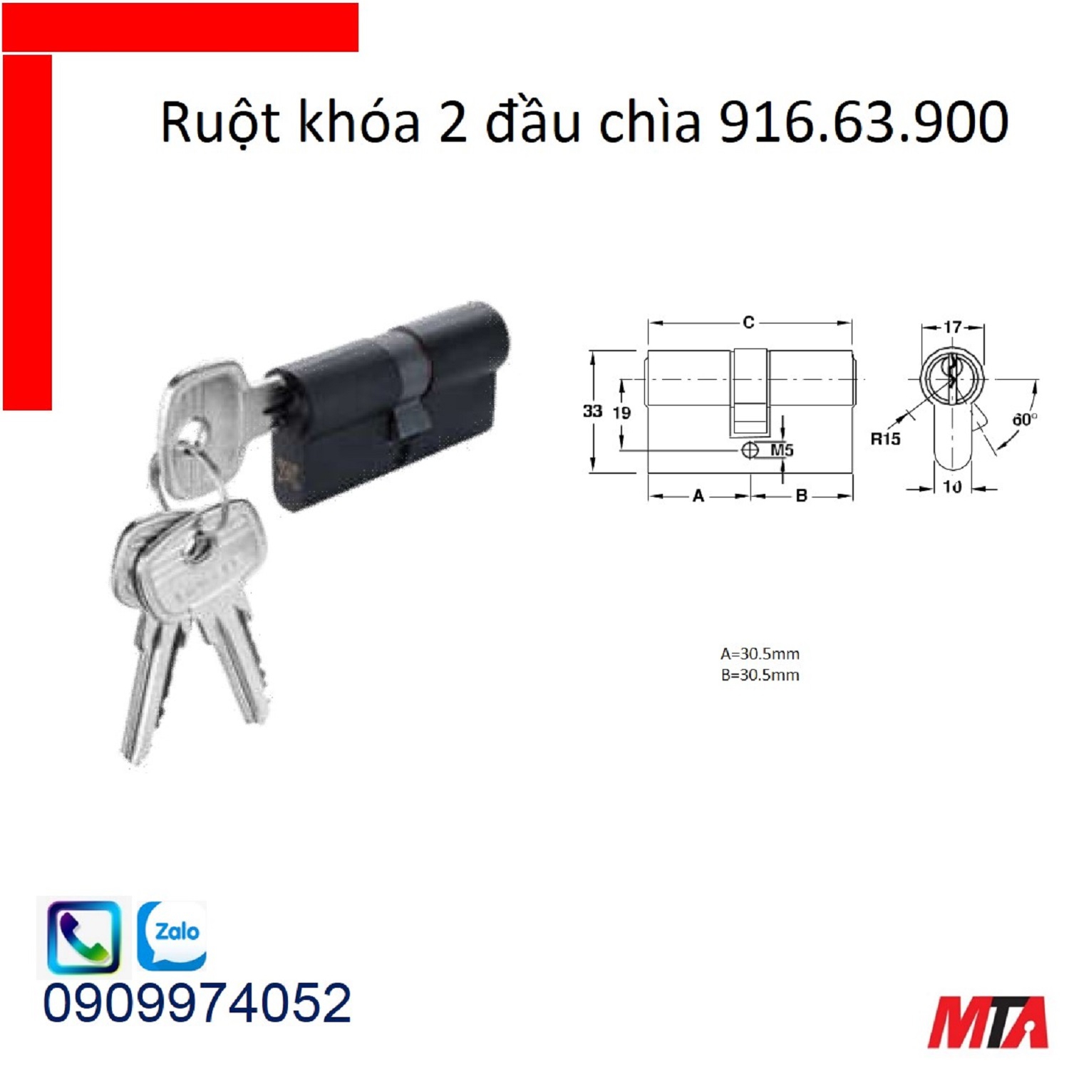 Khóa hafele ruột khóa 916.63.900 2 đầu chìa dài 61mm