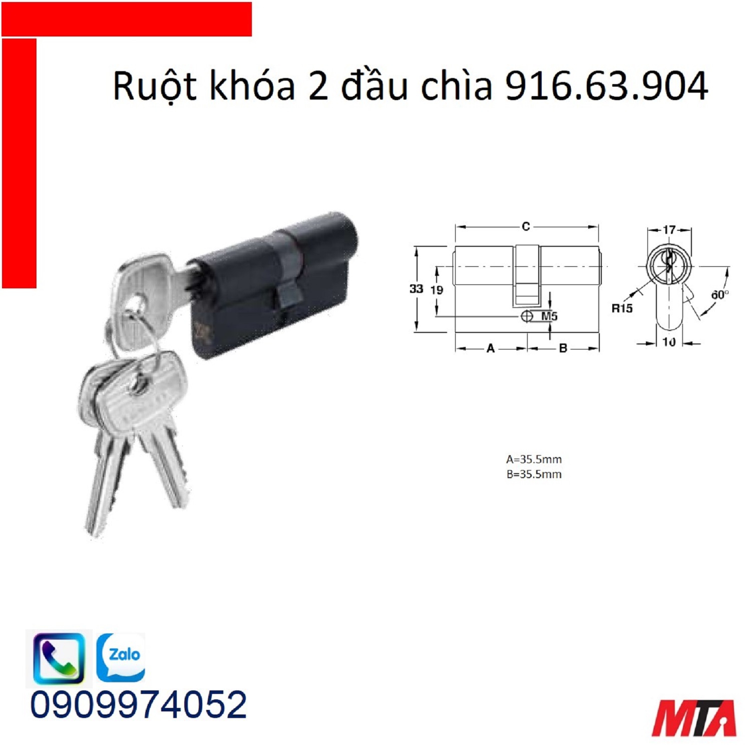 Khóa hafele ruột khóa 916.63.904 2 đầu chìa dài 71mm