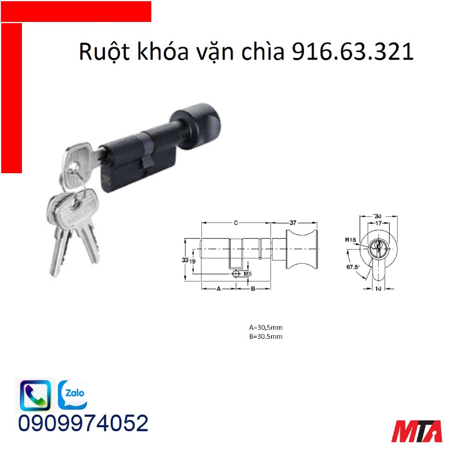 Khóa hafele ruột khóa 916.63.321 vặn chìa dài 61mm