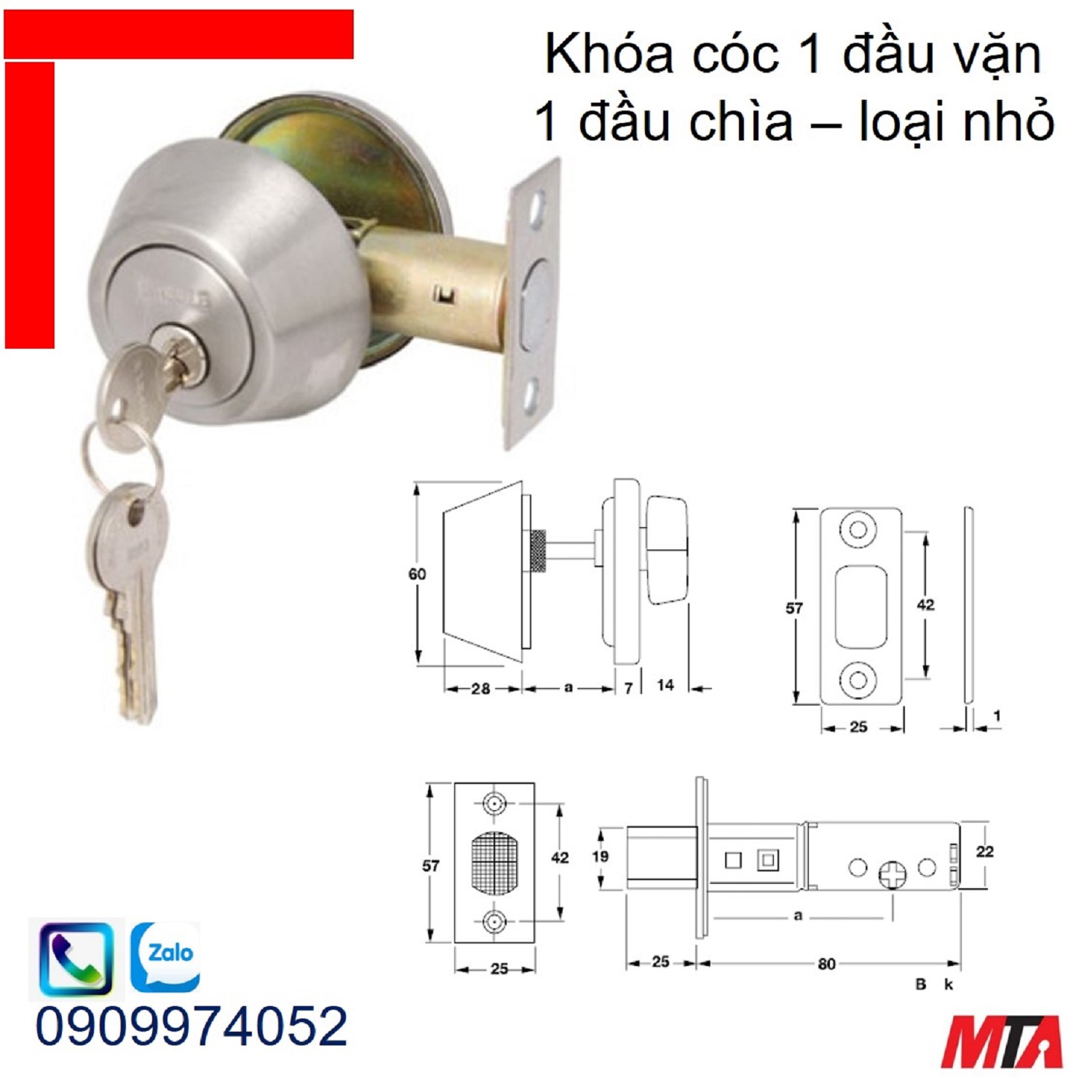 Khóa cửa Hafele 911.22.395 1 đầu chìa 1 đầu vặn loại nhỏ bs60/70mm inox mờ