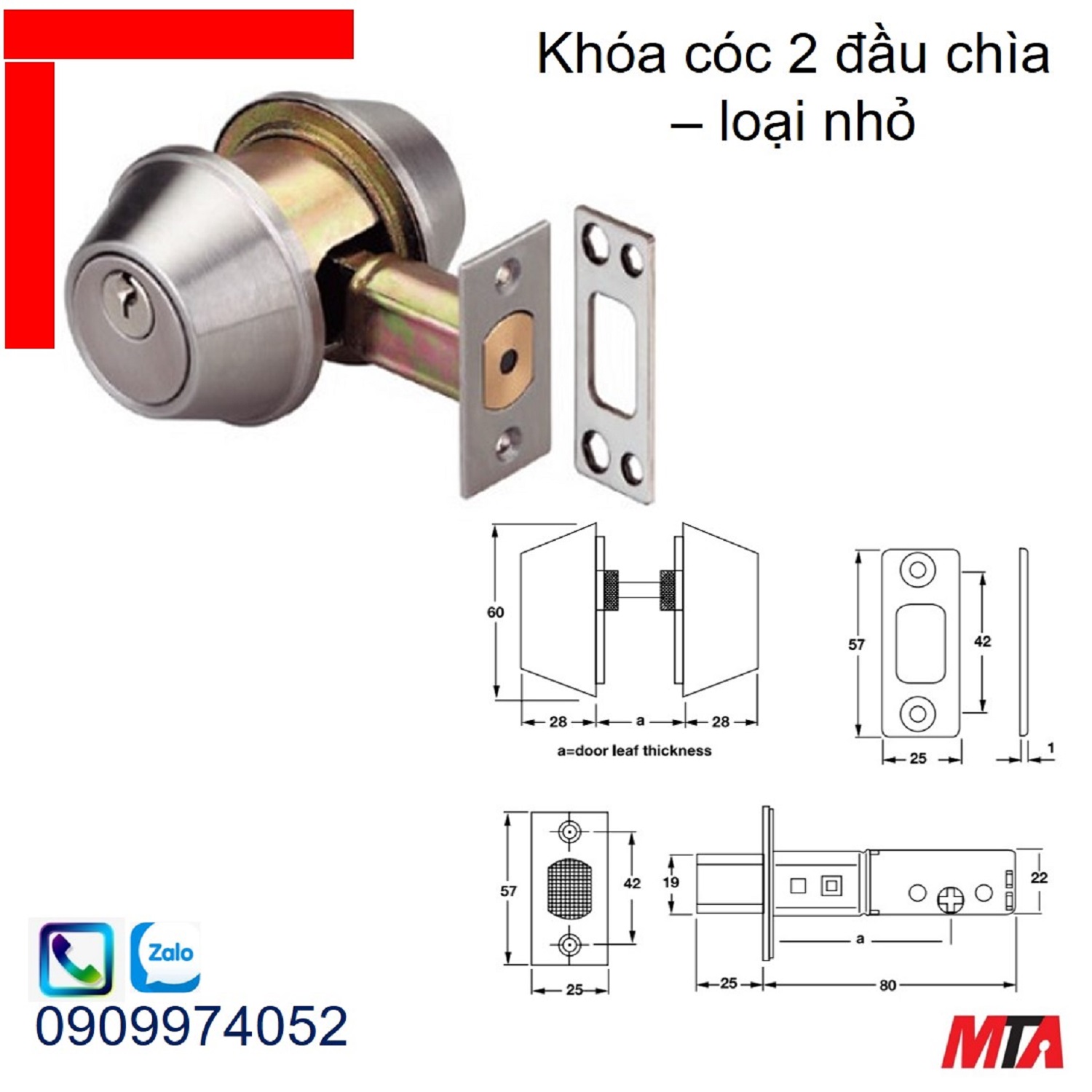 Khóa cửa Hafele 911.64.229 2 đầu chìa loại nhỏ bs60/70mm inox mờ