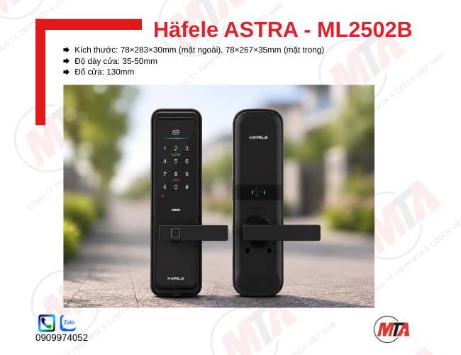 Khóa điện tử Hafele Astra ML2502B kích thước 78 × 283 × 30 mm, phù hợp cửa gỗ mở xoay dày 35–50 mm, hỗ trợ mở khóa bằng vân tay, mã số, thẻ từ RFID, App và chìa khóa cơ, giúp tăng cường bảo mật và kiểm soát ra vào an toàn.