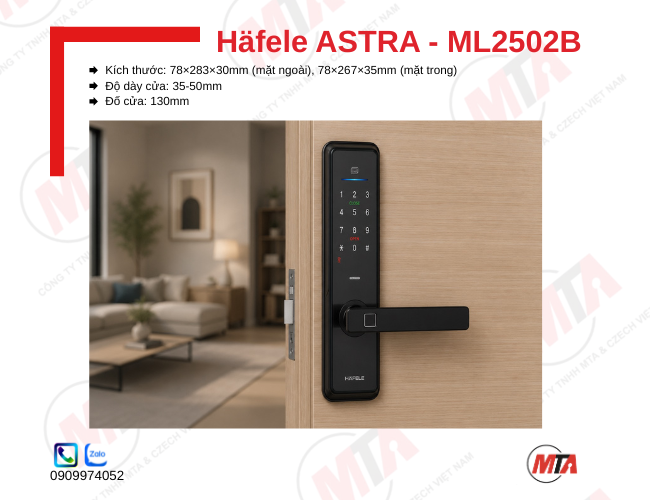 Khóa điện tử Hafele Astra ML2502B kích thước 78 × 283 × 30 mm, phù hợp cửa gỗ mở xoay dày 35–50 mm, hỗ trợ mở khóa bằng vân tay, mã số, thẻ từ RFID, App và chìa khóa cơ, giúp tăng cường bảo mật và kiểm soát ra vào an toàn.