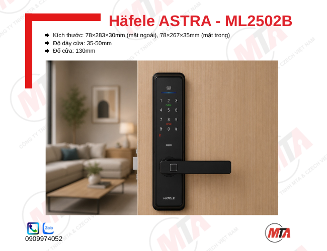 Khóa điện tử Hafele Astra ML2502B kích thước 78 × 283 × 30 mm, phù hợp cửa gỗ mở xoay dày 35–50 mm, hỗ trợ mở khóa bằng vân tay, mã số, thẻ từ RFID, App và chìa khóa cơ, giúp tăng cường bảo mật và kiểm soát ra vào an toàn.