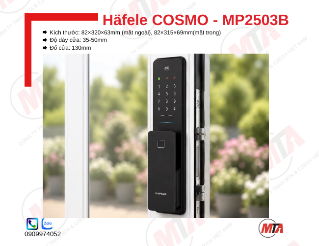 Khóa điện tử Hafele Cosmo MP2503B kích thước 82 × 320 × 63 mm, phù hợp cửa gỗ dày 35–50 mm, hỗ trợ vân tay, mã số, thẻ từ RFID, App và chìa khóa cơ, giúp mở khóa nhanh và tăng cường bảo mật cho gia đình.