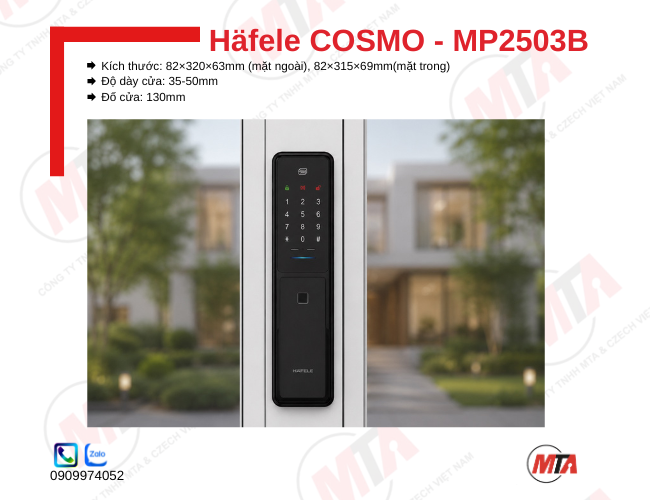Khóa điện tử Hafele Cosmo MP2503B kích thước 82 × 320 × 63 mm, phù hợp cửa gỗ dày 35–50 mm, hỗ trợ vân tay, mã số, thẻ từ RFID, App và chìa khóa cơ, giúp mở khóa nhanh và tăng cường bảo mật cho gia đình.