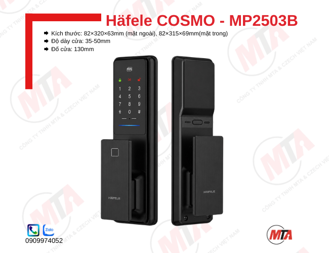 Khóa điện tử Hafele Cosmo MP2503B kích thước 82 × 320 × 63 mm, phù hợp cửa gỗ dày 35–50 mm, hỗ trợ vân tay, mã số, thẻ từ RFID, App và chìa khóa cơ, giúp mở khóa nhanh và tăng cường bảo mật cho gia đình.