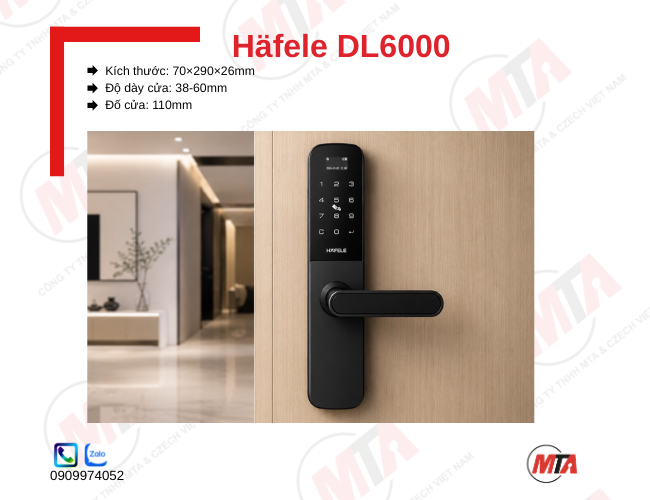 Khóa điện tử Hafele DL6000 MSP 912.20.581 kích thước 70 × 290 × 26 mm, phù hợp cửa gỗ dày 38–60 mm, hỗ trợ mở khóa bằng mã số, thẻ từ, App Hafele Smart Living và chìa khóa cơ, giúp quản lý và kiểm soát ra vào an toàn.