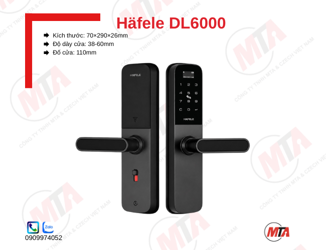 Khóa điện tử Hafele DL6000 MSP 912.20.581 kích thước 70 × 290 × 26 mm, phù hợp cửa gỗ dày 38–60 mm, hỗ trợ mở khóa bằng mã số, thẻ từ, App Hafele Smart Living và chìa khóa cơ, giúp quản lý và kiểm soát ra vào an toàn.