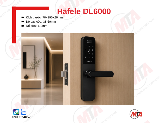 Khóa điện tử Hafele DL6000 MSP 912.20.581 kích thước 70 × 290 × 26 mm, phù hợp cửa gỗ dày 38–60 mm, hỗ trợ mở khóa bằng mã số, thẻ từ, App Hafele Smart Living và chìa khóa cơ, giúp quản lý và kiểm soát ra vào an toàn.