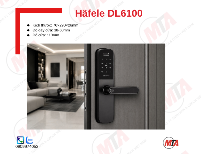 Khóa điện tử Hafele DL6100 912.20.582 kích thước 70 × 290 × 26 mm, phù hợp cửa dày 38–60 mm, hỗ trợ vân tay, mã số, thẻ từ, App và chìa khóa cơ, giúp kiểm soát ra vào an toàn.