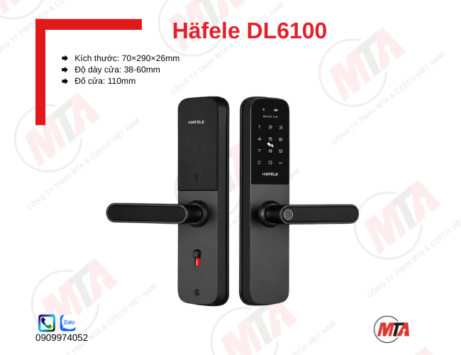 Khóa điện tử Hafele DL6100 912.20.582 kích thước 70 × 290 × 26 mm, phù hợp cửa dày 38–60 mm, hỗ trợ vân tay, mã số, thẻ từ, App và chìa khóa cơ, giúp kiểm soát ra vào an toàn.