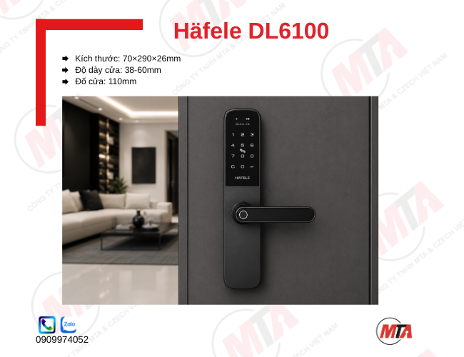 Khóa điện tử Hafele DL6100 912.20.582 kích thước 70 × 290 × 26 mm, phù hợp cửa dày 38–60 mm, hỗ trợ vân tay, mã số, thẻ từ, App và chìa khóa cơ, giúp kiểm soát ra vào an toàn.