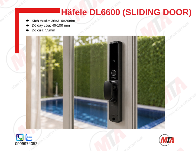 Khóa điện tử Hafele DL6600 Sliding Door 912.20.144 kích thước 36 × 310 × 26 mm, phù hợp cửa trượt gỗ và cửa nhôm đố nhỏ dày 40–100 mm, hỗ trợ mở khóa bằng vân tay, mã số, thẻ từ, App và chìa khóa cơ, tăng cường bảo mật và kiểm soát ra vào thông minh.