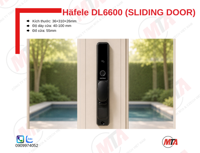 Khóa điện tử Hafele DL6600 Sliding Door 912.20.144 kích thước 36 × 310 × 26 mm, phù hợp cửa trượt gỗ và cửa nhôm đố nhỏ dày 40–100 mm, hỗ trợ mở khóa bằng vân tay, mã số, thẻ từ, App và chìa khóa cơ, tăng cường bảo mật và kiểm soát ra vào thông minh.