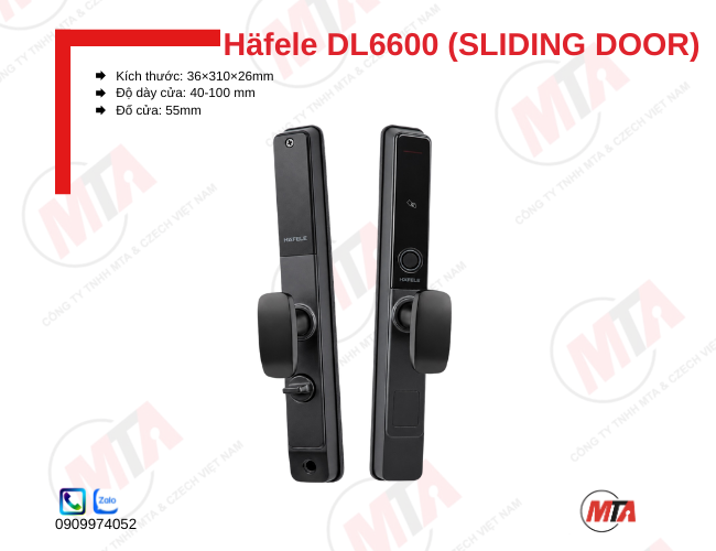 Khóa điện tử Hafele DL6600 Sliding Door 912.20.144 kích thước 36 × 310 × 26 mm, phù hợp cửa trượt gỗ và cửa nhôm đố nhỏ dày 40–100 mm, hỗ trợ mở khóa bằng vân tay, mã số, thẻ từ, App và chìa khóa cơ, tăng cường bảo mật và kiểm soát ra vào thông minh.