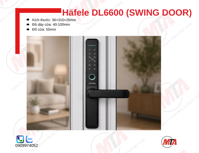 Khóa điện tử Hafele DL6600 Swing Door 912.20.145 kích thước 36 × 310 × 26 mm, phù hợp cửa gỗ và cửa nhôm đố nhỏ dày 40–100 mm, hỗ trợ mở khóa bằng vân tay, mã số, thẻ từ, App và chìa khóa cơ, tăng cường bảo mật và kiểm soát ra vào an toàn.