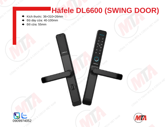 Khóa điện tử Hafele DL6600 Swing Door 912.20.145 kích thước 36 × 310 × 26 mm, phù hợp cửa gỗ và cửa nhôm đố nhỏ dày 40–100 mm, hỗ trợ mở khóa bằng vân tay, mã số, thẻ từ, App và chìa khóa cơ, tăng cường bảo mật và kiểm soát ra vào an toàn.