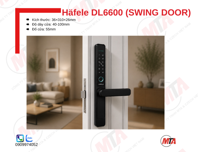 Khóa điện tử Hafele DL6600 Swing Door 912.20.145 kích thước 36 × 310 × 26 mm, phù hợp cửa gỗ và cửa nhôm đố nhỏ dày 40–100 mm, hỗ trợ mở khóa bằng vân tay, mã số, thẻ từ, App và chìa khóa cơ, tăng cường bảo mật và kiểm soát ra vào an toàn.