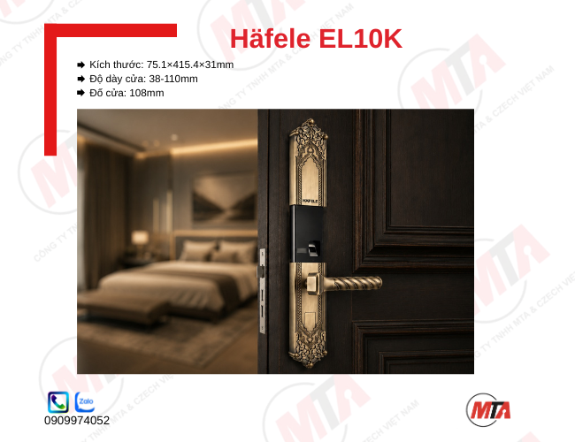 Khóa điện tử Hafele EL10K kích thước 75.1 × 415.4 × 31 mm, phù hợp cửa gỗ dày 38–110 mm, hỗ trợ vân tay, mã số, thẻ từ và chìa khóa cơ, màn hình OLED giúp mở khóa nhanh, bảo mật an toàn cho gia đình.