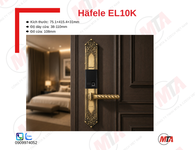 Khóa điện tử Hafele EL10K kích thước 75.1 × 415.4 × 31 mm, phù hợp cửa gỗ dày 38–110 mm, hỗ trợ vân tay, mã số, thẻ từ và chìa khóa cơ, màn hình OLED giúp mở khóa nhanh, bảo mật an toàn cho gia đình.