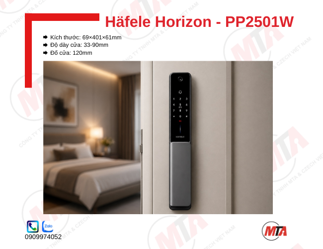 Khóa điện tử Hafele Horizon PP2501W kích thước 69 x 401 x 61 mm, phù hợp cửa gỗ dày 33-90 mm, hỗ trợ nhận diện khuôn mặt, vân tay, mã số, thẻ từ và App, giúp bảo mật và kiểm soát ra vào an toàn.