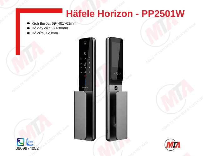 Khóa điện tử Hafele Horizon PP2501W kích thước 69 x 401 x 61 mm, phù hợp cửa gỗ dày 33-90 mm, hỗ trợ nhận diện khuôn mặt, vân tay, mã số, thẻ từ và App, giúp bảo mật và kiểm soát ra vào an toàn.