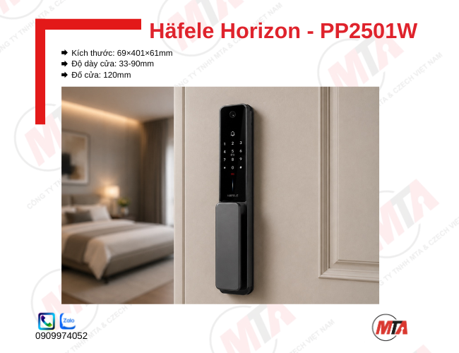 Khóa điện tử Hafele Horizon PP2501W kích thước 69 x 401 x 61 mm, phù hợp cửa gỗ dày 33-90 mm, hỗ trợ nhận diện khuôn mặt, vân tay, mã số, thẻ từ và App, giúp bảo mật và kiểm soát ra vào an toàn.